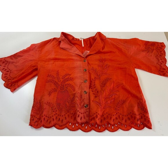Anthropologie Blouse Top Women Small Orange Pineapple Eyelet Button Up Oversized - Picture 2 of 9